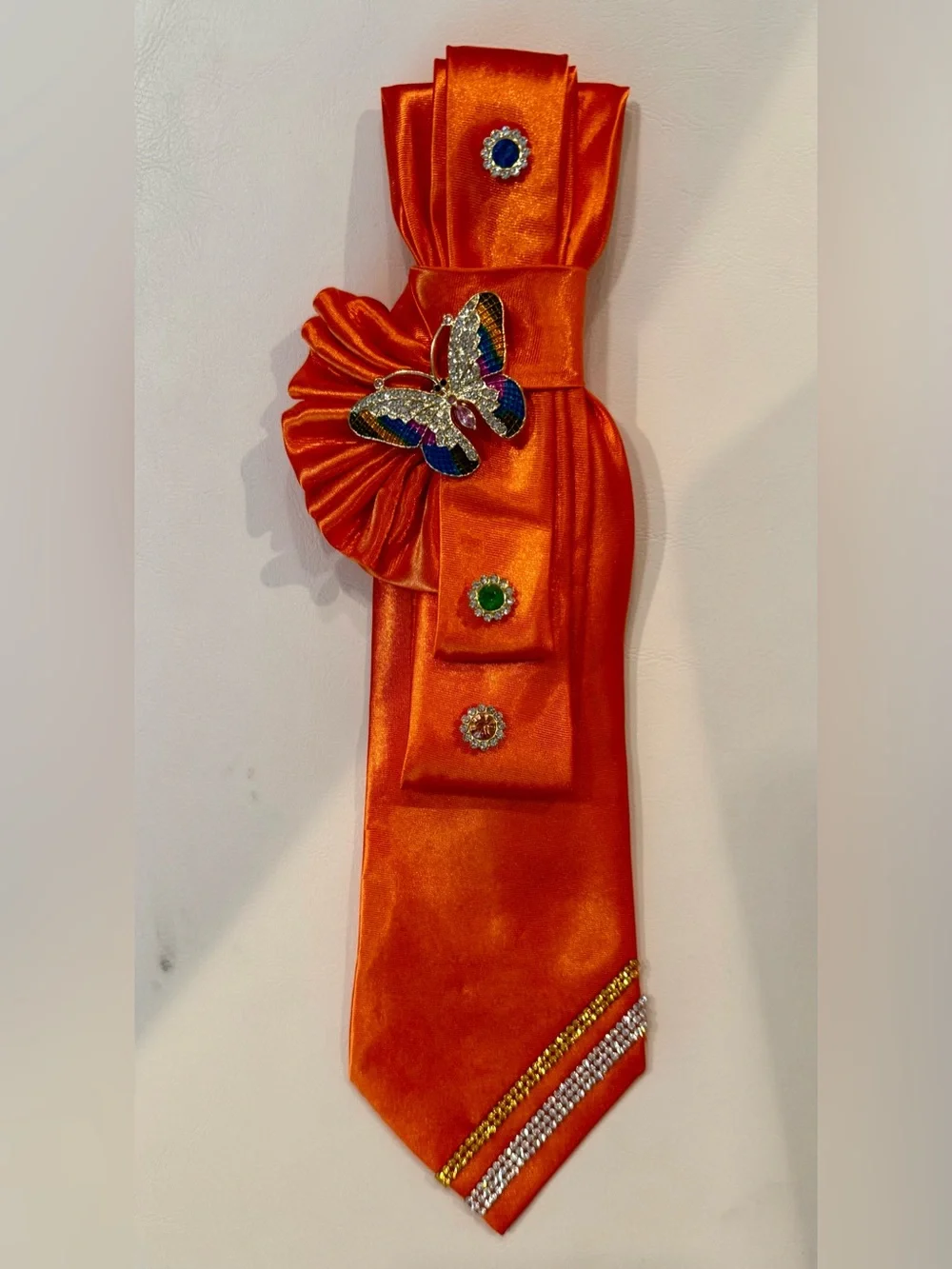 TIE NECKLACE Orange Satin with Rhinestone Butterfly Brooch and Accents